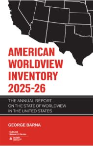 Cover of the American Worldwide Inventory 2025–26: annual report on the state of worldview in the United States, with a black map silhouette and red title.