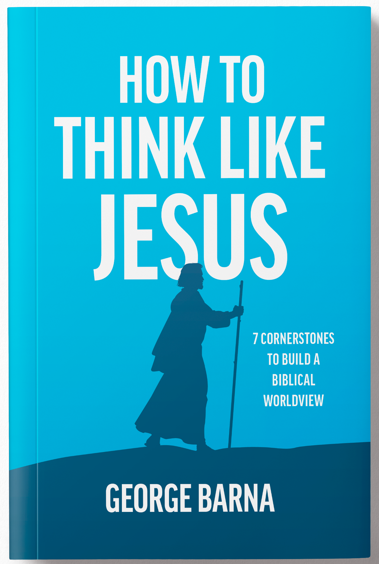 Blue book cover with large white title 'HOW TO THINK LIKE JESUS' and a dark silhouette of a figure with a staff