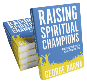 Book cover: Raising Spiritual Champions by George Barna, blue top, yellow bottom with crowd silhouette and subtitle 'Nurturing your child's heart, mind and soul.'