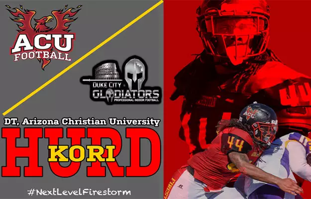 Promotional collage for football with ACTU Football and Duke City Gladiators logos, bold red headline with a yellow accent, a diagonal yellow line on a gray background, action photo of players in red uniforms on the right, and the hashtag #NextLevelFirestorm.