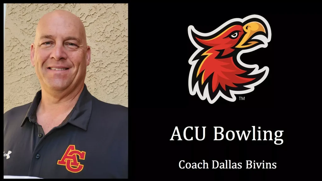 Dr Dallas Bivins To Lead ACU Bowling - Arizona Christian University Head-and-shoulders portrait of Coach Dallas Bivins in a dark polo, beside a black banner with the red eagle logo and 'ACU Bowling' text.