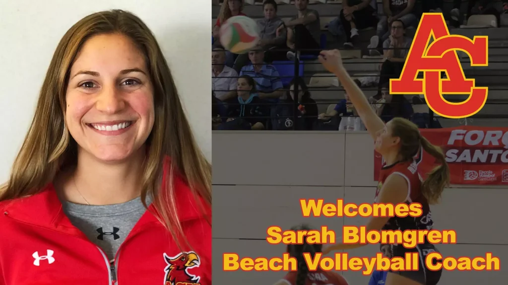 Smiling woman in a red jacket (coach) shown on the left, with a volleyball game and bold Welcome text on the right indicating a beach volleyball coach intro.