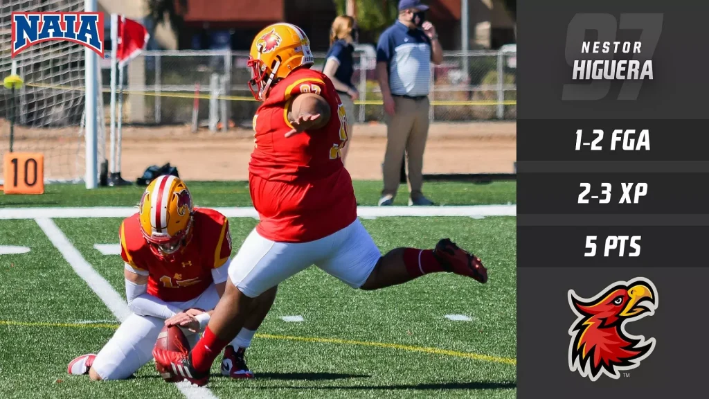 Two football players in red and gold battle on a green turf field; NAIA logo top-left and a dark right panel showing 'Nestor Higuera' and stats.