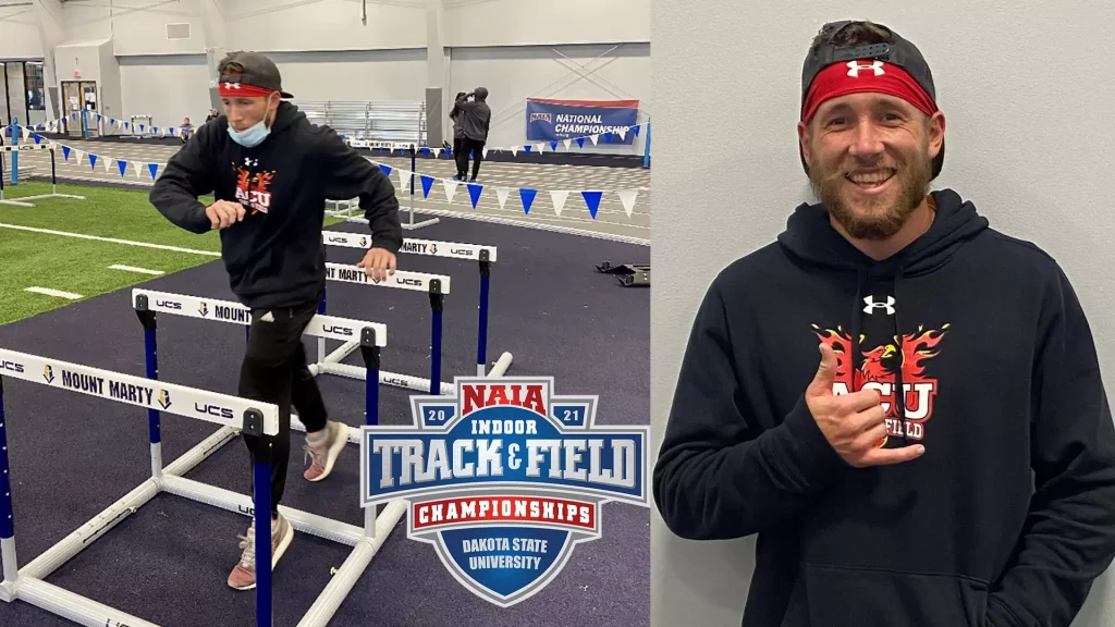 Split image: left a male hurdler in a black hoodie and red headband jumping over hurdles at an indoor track with blue banners; right a man in a black hoodie smiling at camera with red headband.