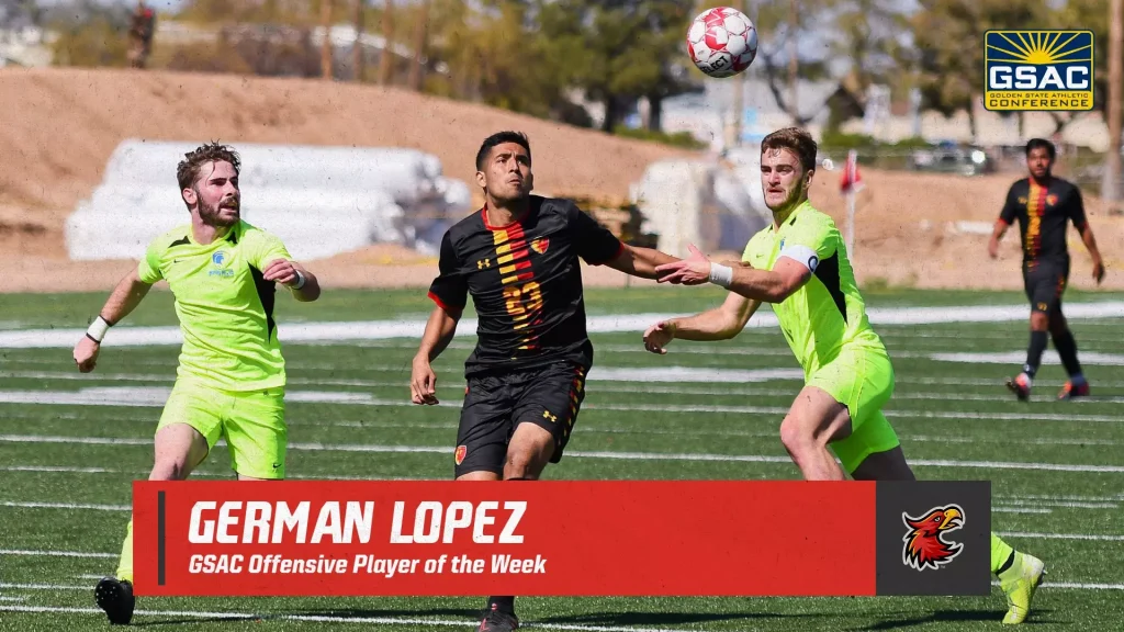 Soccer players chase a ball in mid-air during a GSAC match; neon-yellow kits flank a central player in a black-red uniform, with a 'German Lopez' banner at bottom.