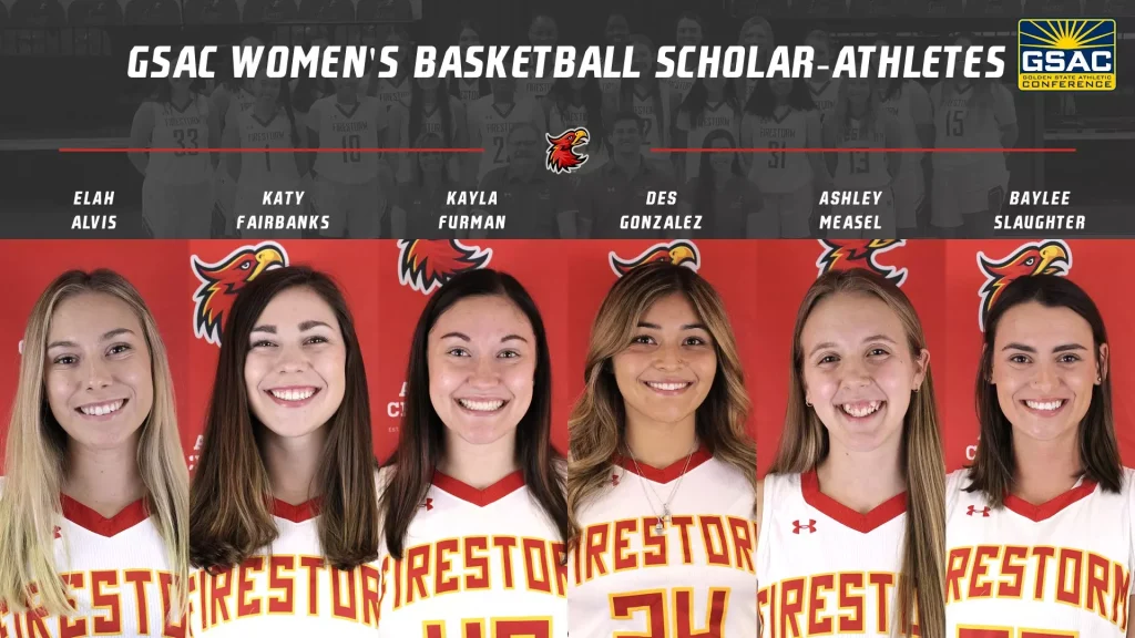 GSAC Women's Basketball Scholar-Athletes banner with team crest, six names above a lineup, and five smiling players in red-and-gold uniforms.