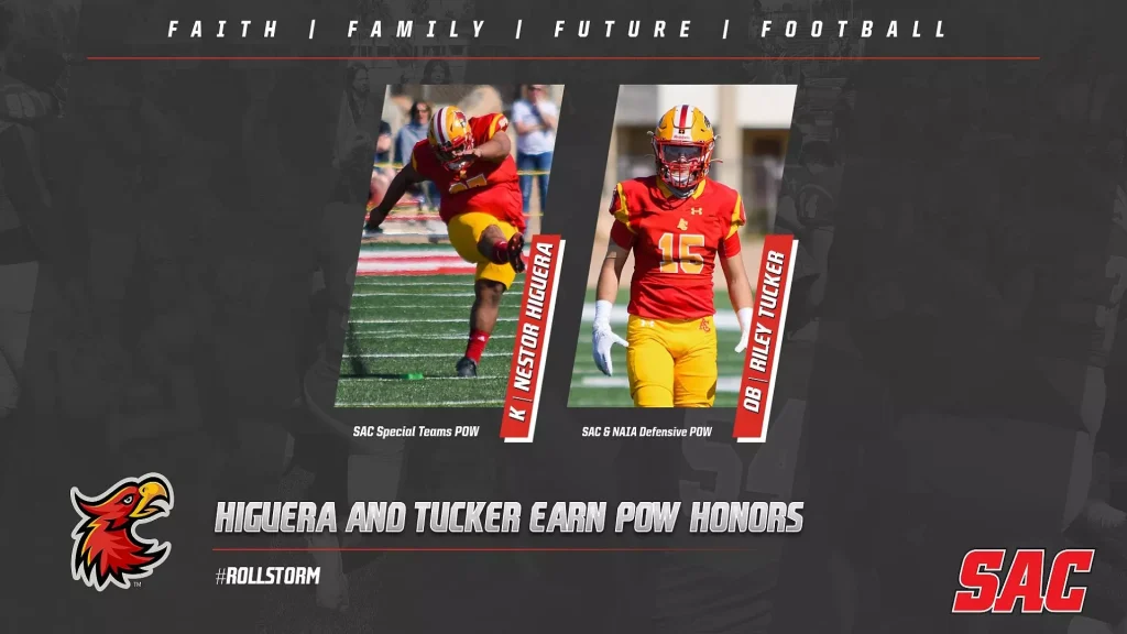 Hero banner for SAC football featuring two action photos of players in red and gold uniforms with diagonal name ribbons reading Higuera and Tucker.