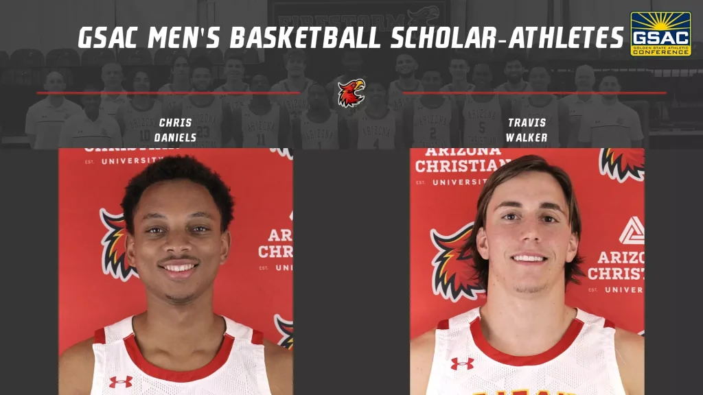 GSAC Men's Basketball Scholar-Athletes banner showing two players, left Chris Daniels and right Travis Walker, with a dark background and logos behind them.