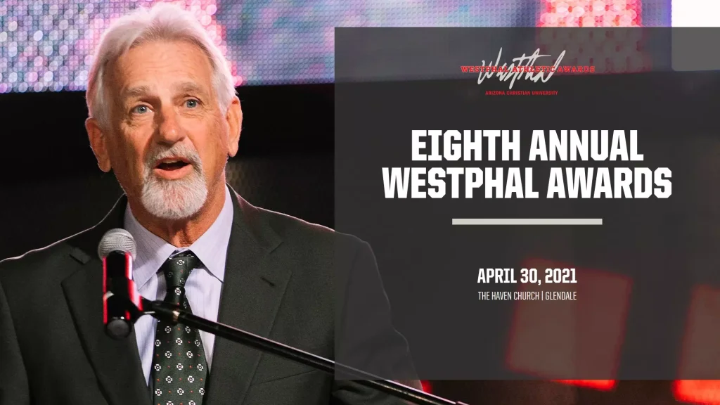 Older man in a suit speaking into a microphone at an awards event (Westphal Awards) with event title overlay and date visible: April 30, 2021.