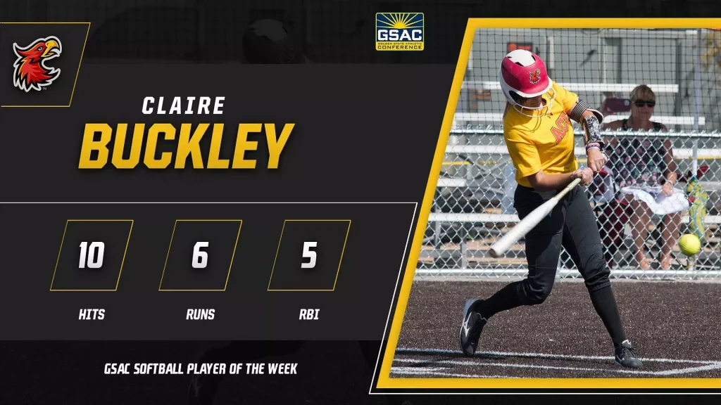 Banner announcing Claire Buckley as GSAC Softball Player of the Week, with her swing photo and stat boxes showing 10 hits, 6 runs, 5 RBIs.