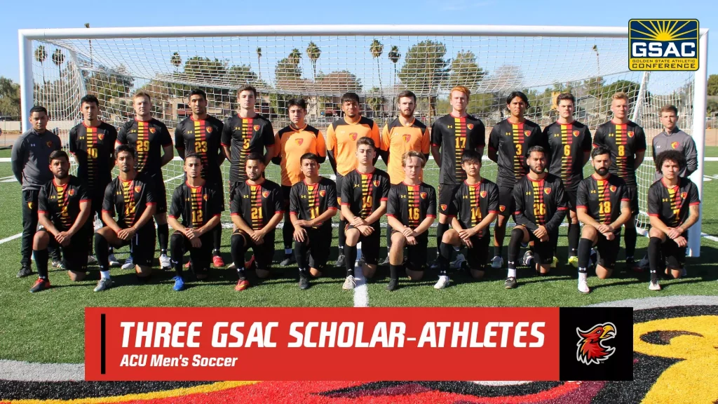 Group portrait of ACU men's soccer team in black and red uniforms in front of a goal on a turf field; banner reads 'Three GSAC Scholar-Athletes' and GSAC logo is in the corner.