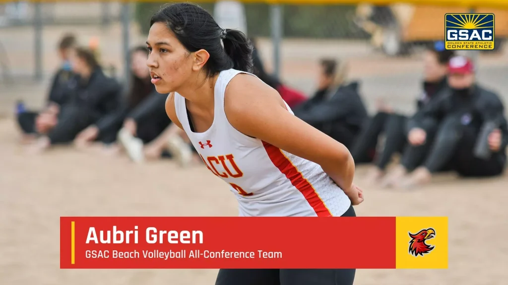 Female beach volleyball player in white and red uniform crouching on sand; overlay banner shows Aubri Green and GSAC logo.
