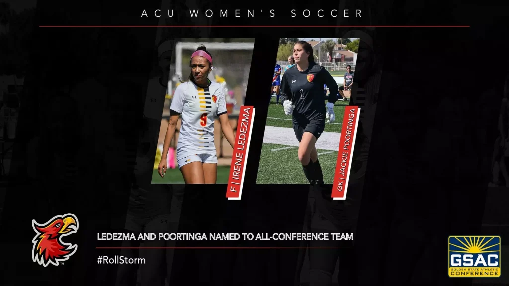 ACU women's soccer banner announcing All-Conference Team selections, featuring two players with red name ribbons and game logos nearby.