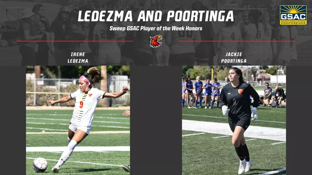 Banner honoring GSAC Player of the Week: Irene Ledezma and Jackie Poortinga with GSAC logo and central red accent line.