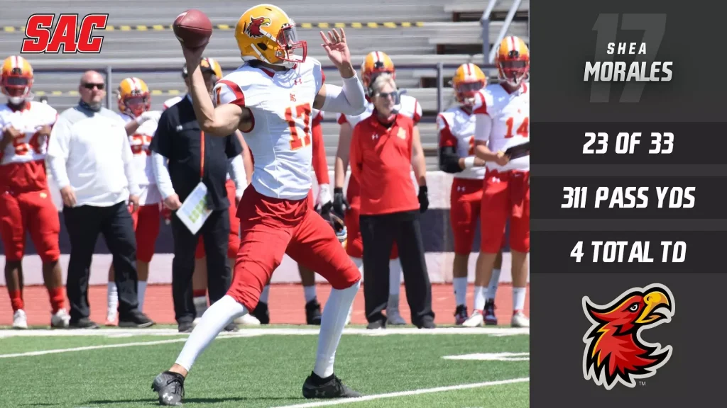 Quarterback in white and red uniform throws a pass on the field while teammates watch; right side shows game stats and a mascot logo.
