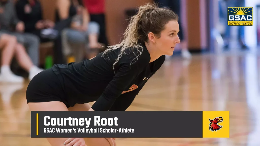 Courtney Root crouches in a volleyball stance on a gym floor, banner showing her name and GSAC Women's Volleyball Scholar-Athlete with a yellow panel and eagle logo on the right.