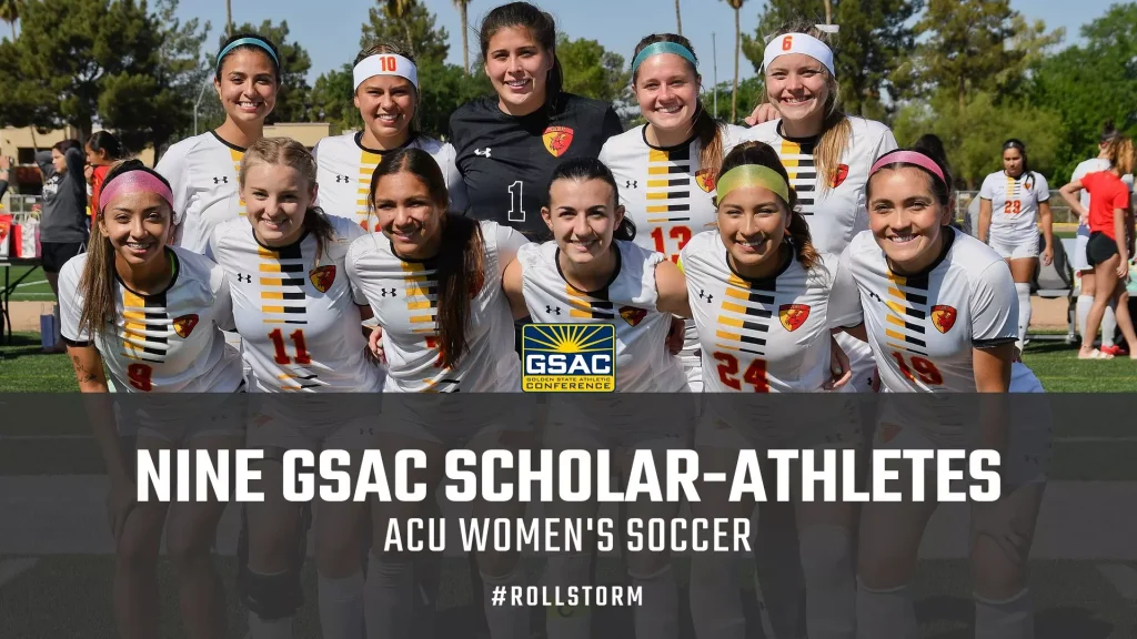 Nine female soccer players in white and gold uniforms pose together on a sunny field; overlay reads 'Nine GSAC Scholar-Athletes'.