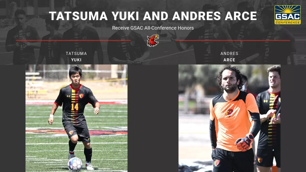 Conference banner featuring Tatsuma Yuki and Andres Arce with team logos and grey background imagery of players, announcing GSAC All-Conference Honors.