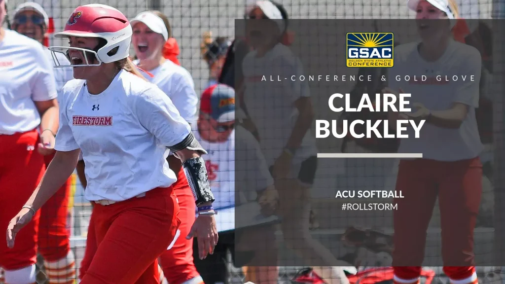 Softball players celebrate on a sunny field in white jerseys and red shorts; translucent overlay shows GSAC All-Conference and the name Claire Buckley.