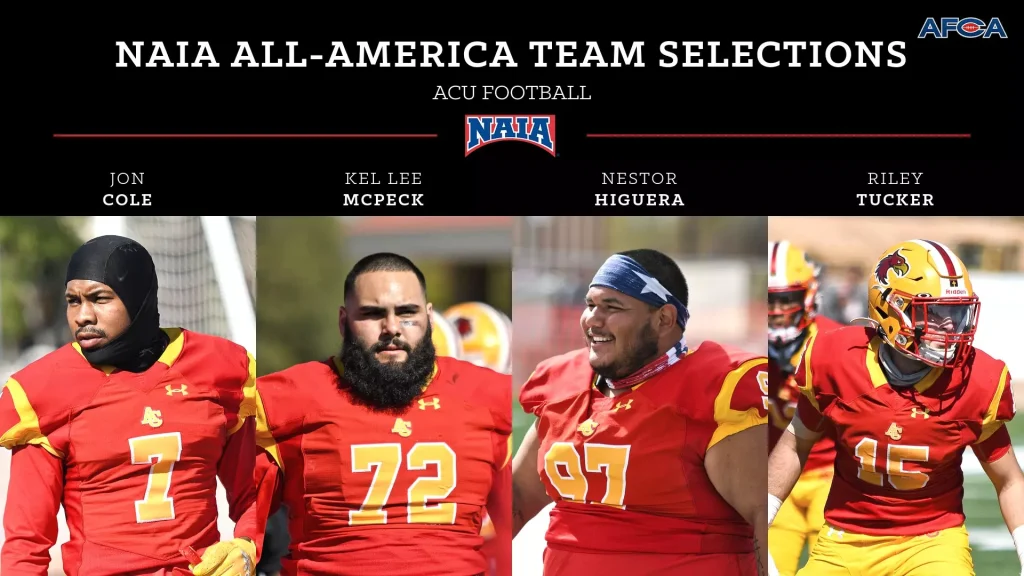 Banner reads NAIA All-America Team Selections with ACU Football logo; four players in red and yellow uniforms stand beneath it.