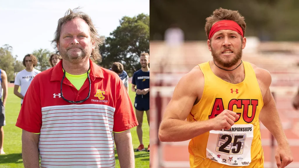 Two male athletes at a track and field event, one in a red polo with sunglasses hanging, the other in a yellow racing singlet with bib number 25.