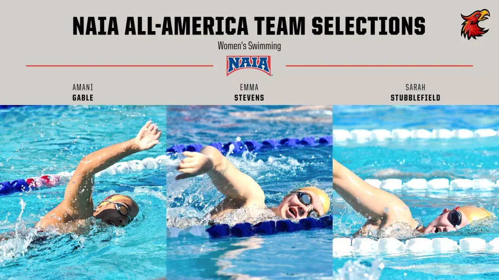 NAIA All-America Team Selections banner for Women's Swimming with logo and three names: Amani Gable, Emma Stevens, Sarah Stubblefield.