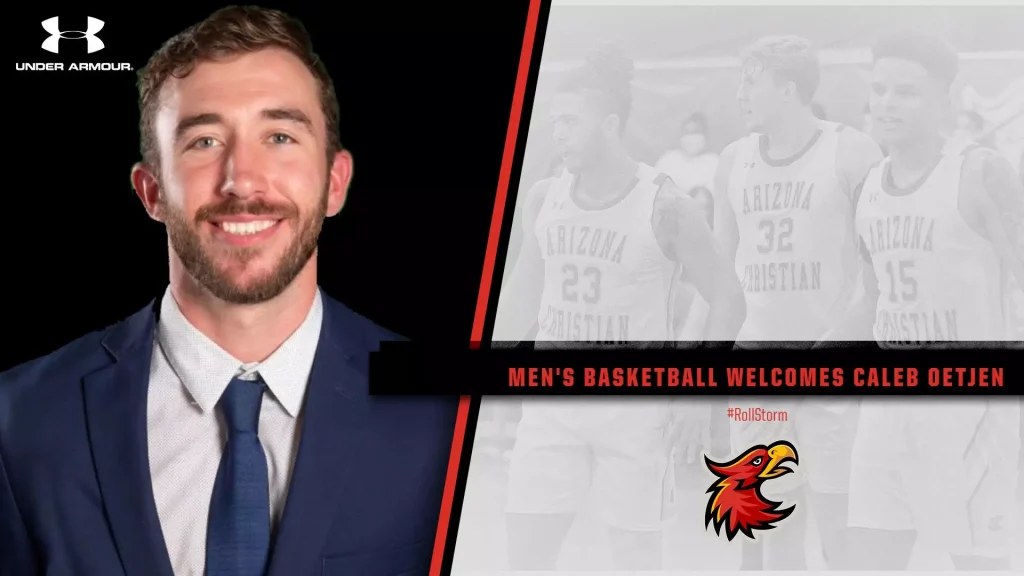 Promotional banner: a man in a navy suit smiles on the left, with a grayscale Arizona basketball group on the right and the headline 'Men's Basketball Welcomes Caleb Oetjen'.