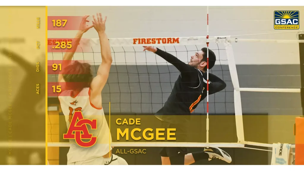 Volleyball player in black spikes the ball over the net during a GSAC match; yellow stats overlaid on the left.