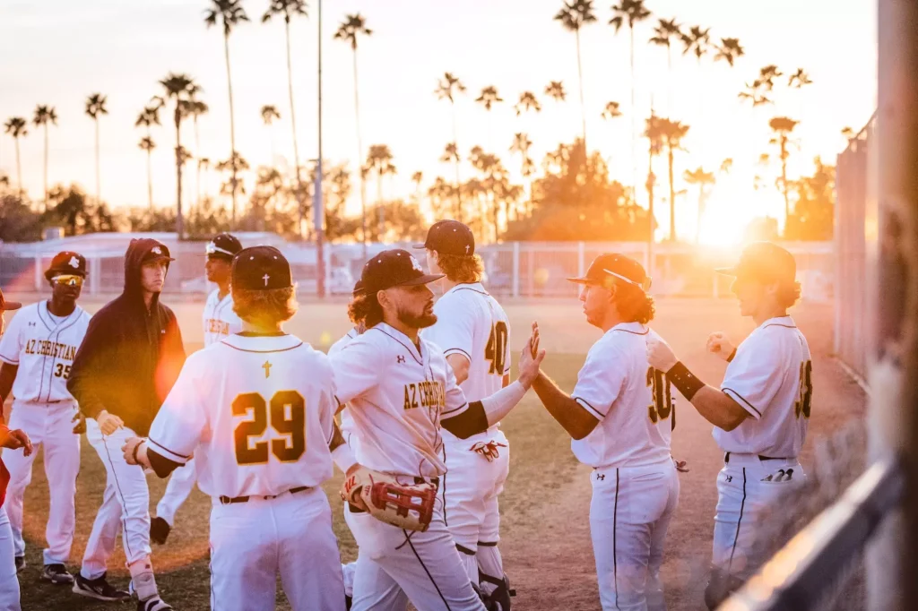 Baseball players in white uniforms high-fiving on a field at sunset with palm trees in the background.