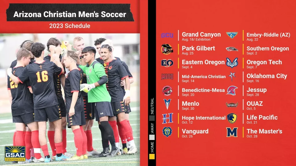 Arizona Christian men's soccer team huddles on the field; left panel shows the 2023 schedule and GSAC logo appears bottom-left.