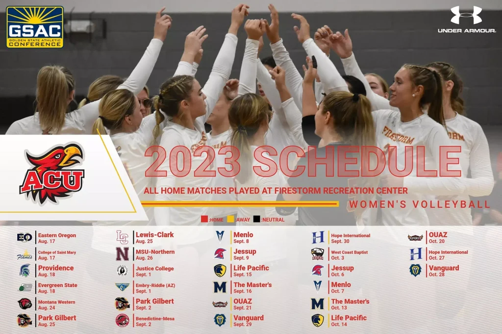 Women’s volleyball team chants and raises hands in a huddle on a gym floor, with 2023 schedule text and team logos overlaying the image.