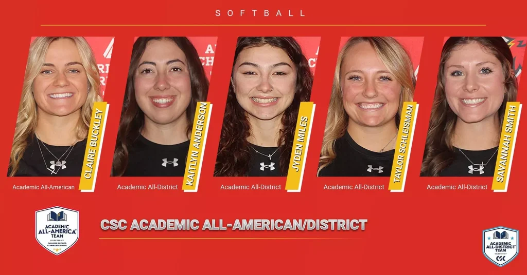 Poster-style graphic of five smiling softball players on a red background, each with a yellow name banner and 'Academic All-American/District' text below.