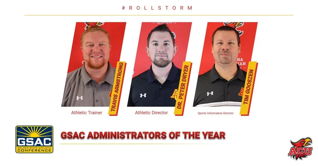 Three GSAC administrators headshots on a red backdrop: Travis Armstrong, Athletic Trainer; Dr. Peter Driver, Athletic Director; Tim Goossen, Sports Information Director.