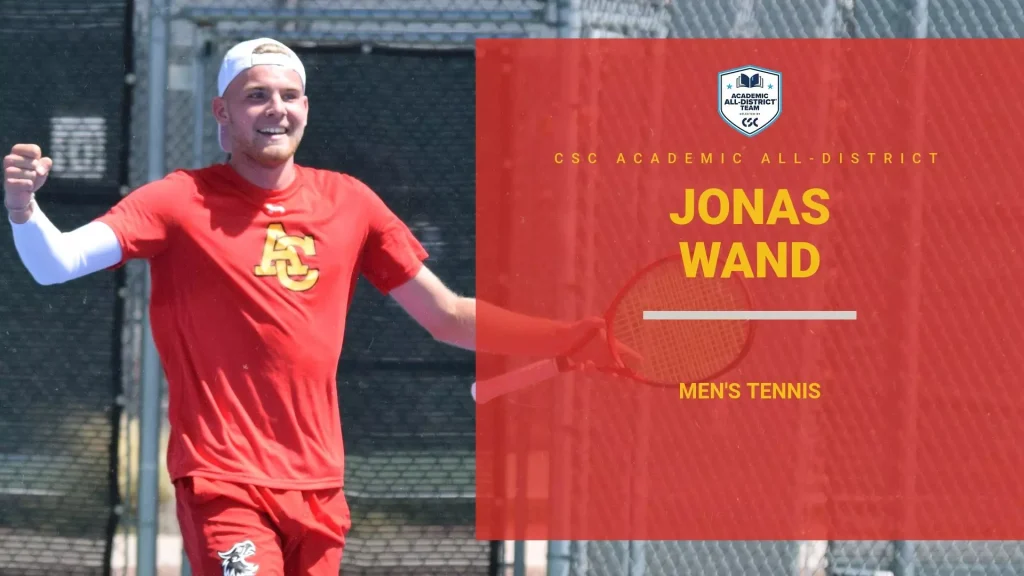 Tennis player in a red shirt celebrating on a court, with a red graphic panel on the right showing the name Jonas Wand.