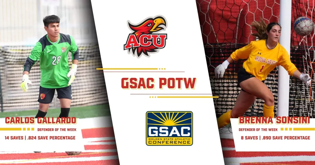 Tri-panel GSAC POTW poster: left shows goalkeeper Carlos Gallardo in green jersey, center displays ACTU logo and GSAC branding, right shows Brenna Sonsini in yellow goalkeeper kit by Arizona Christian, all highlighting ‘Defender of the Week’ and statistics at bottom.
