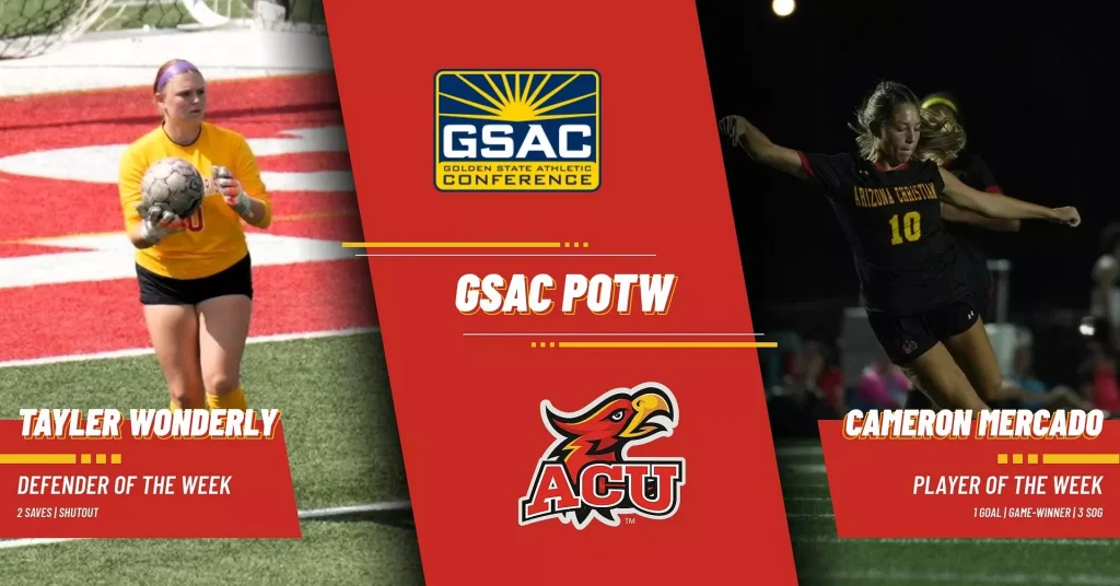 Left and right action collage featuring two athletes with a central GSAC banner and ACTU logo, highlighting POTW winners.