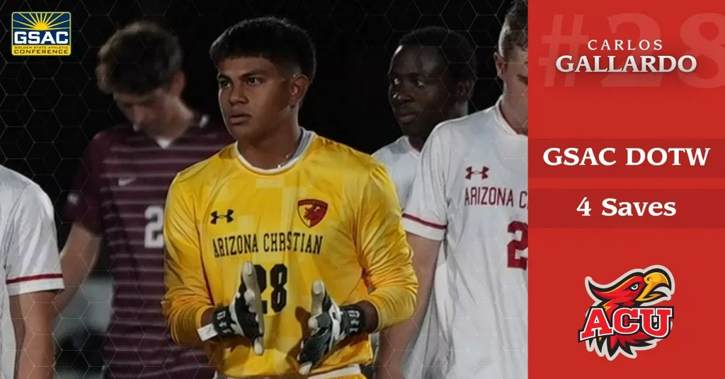 Soccer players stand together before a game; a yellow Arizona Christian goalkeeper holds gloves in front, with teammates in white uniforms nearby and a red panel to the right showing logos and text.