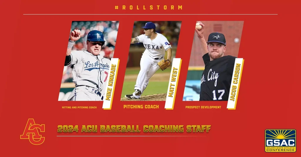 Promotional graphic for 2024 ACU baseball coaching staff showing three tilted panels: Mike Flinkade, Matt West, and Jacob Carson with roles listed beneath.