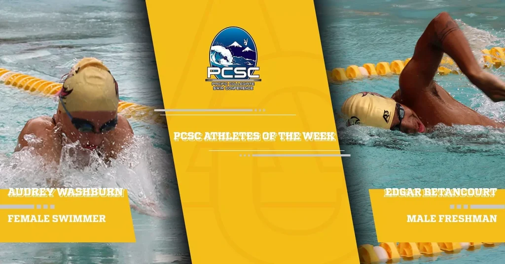 PCSC Athletes of the Week banner with two swimmers and central PCSC logo on bold yellow panels over a pool background.
