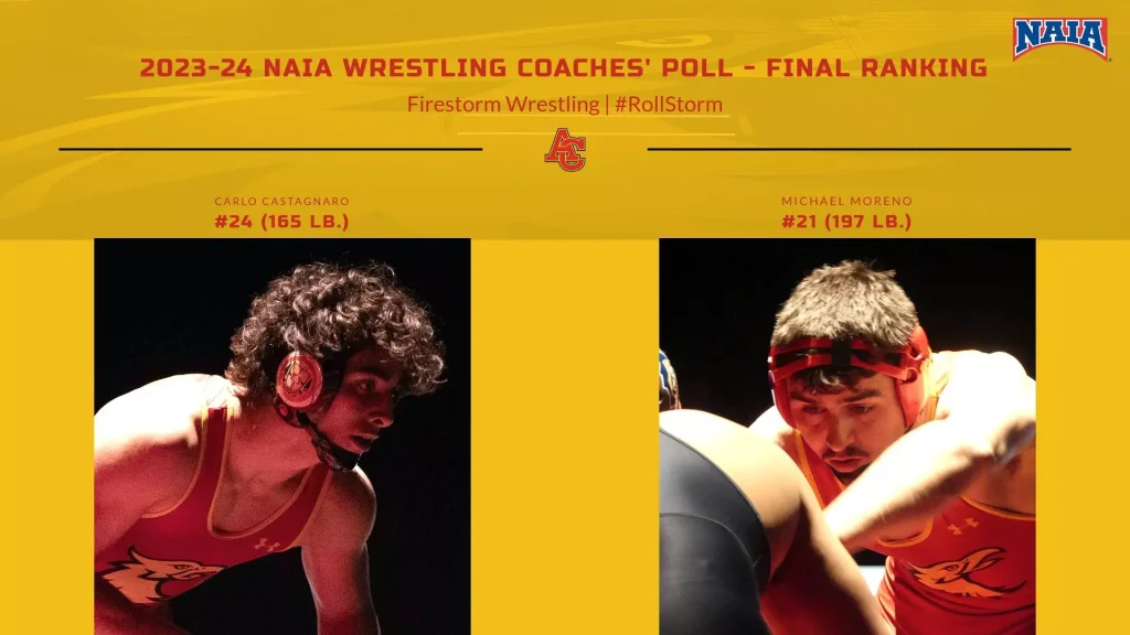NAIA wrestling final poll ranking graphic for 2023-24 featuring Carlo Castagnaro #24 (165 lb) and Michael Moreno #21 (197 lb) on a gold backdrop with team logos.