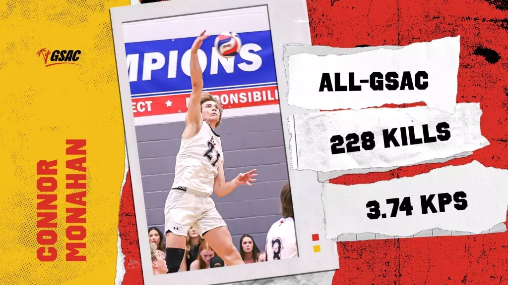 Collage infographic of a volleyball player spiking a ball, with bold ‘ALL-GSAC’ and '228 KILLS' panels.