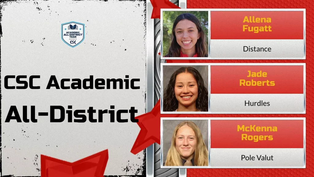 Graphic announcing CSC Academic All-District Team; right side shows roster cards with student photos, names, and events (Allena Fugatt – Distance; Jade Roberts – Hurdles; McKenna Rogers – Pole Vault).