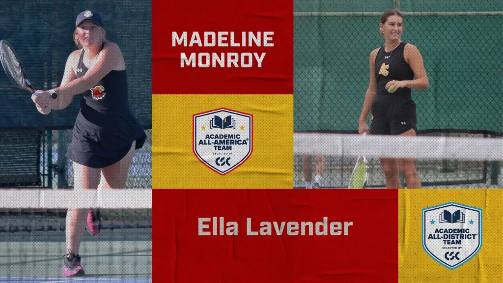 Two female tennis players flanking a central red-yellow panel with names Madeline Monroy and Ella Lavender, plus Academic All-America logos and badges.