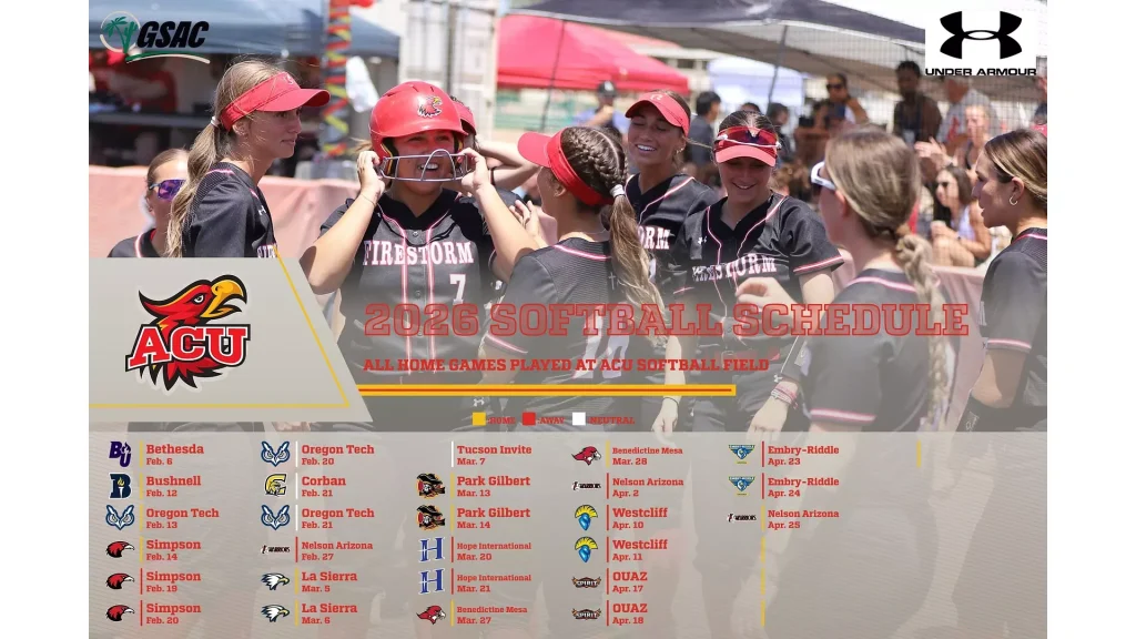 Softball team celebrates on the field; overlay reads '2026 Softball Schedule' with ACU logo and Under Armour logo.
