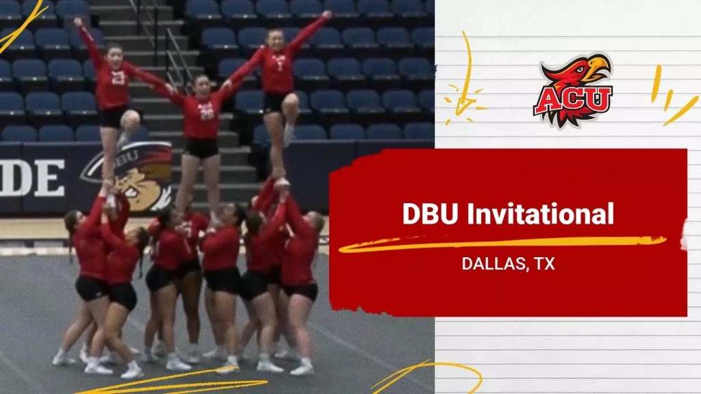 Volleyball team in red uniforms celebrates a lift with a teammate raised in the air; red event banner reads 'DBU Invitational, Dallas, TX' on the right.