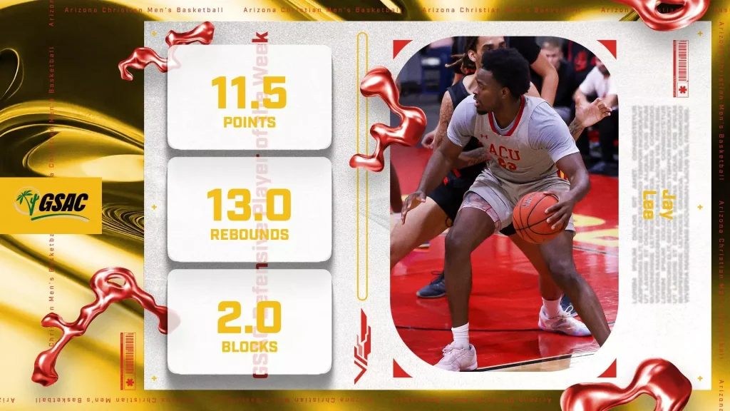 Lee Voted GSAC Defensive Player of the Week - Arizona Christian University - Phoenix, AZ Infographic collage of a basketball player and stats: 11.5 points, 13.0 rebounds, 2.0 blocks.