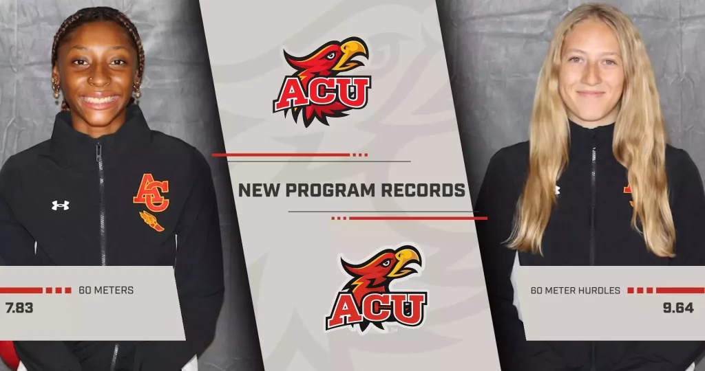 Two female athletes in black jackets flank a grey banner that reads 'NEW PROGRAM RECORDS' with ACU logos.