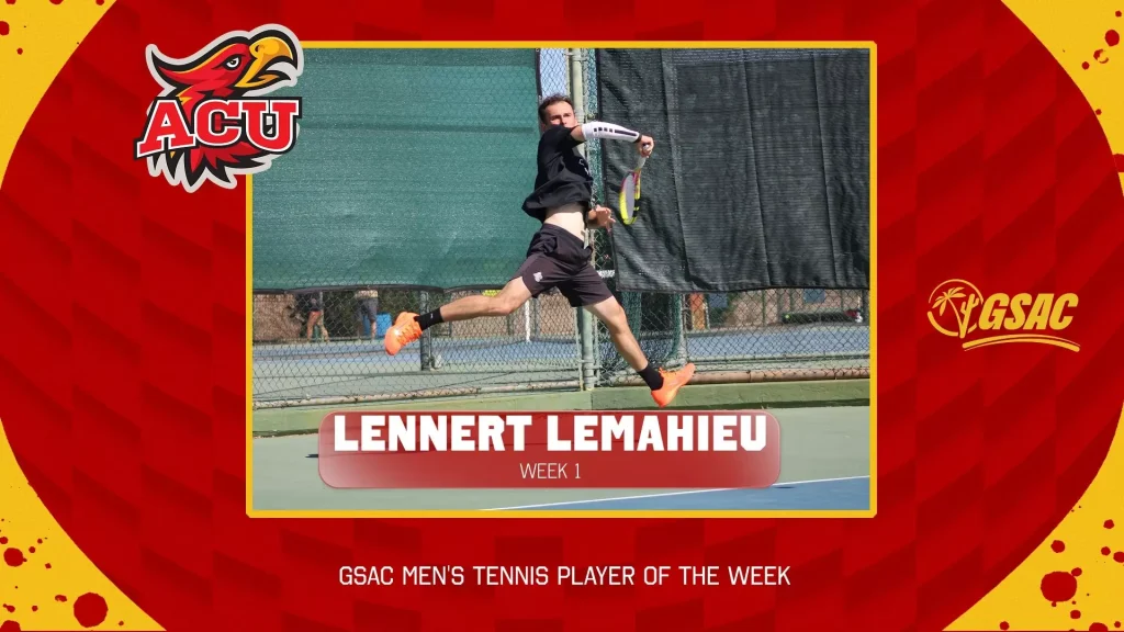 Tennis player Lennert Lemahieu leaps to hit a forehand on a court; GSAC Men’s Tennis Player of the Week banner.