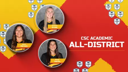 Banner announcing CSC Academic All-District with three circular student headshots on a red and yellow background.
