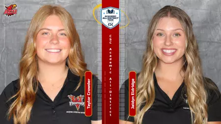 Two female athletes in black polo shirts stand side by side for a lacrosse team photo against a gray backdrop, with red vertical team dividers between them.